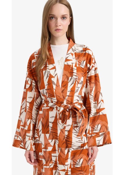 Relax Fit Bisiklet Yaka Desenli Viskon Kimono E7262AX25SM