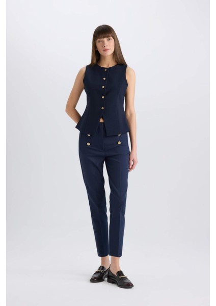 Skinny Fit Yüksek Bel Cepli Düğmeli Düz Paça Kumaş Pantolon E5431AX25SP