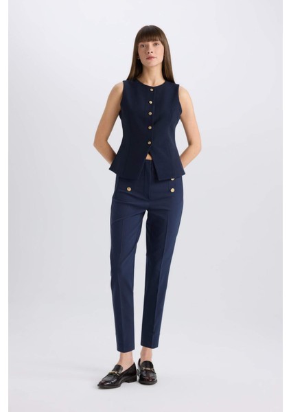 Skinny Fit Yüksek Bel Cepli Düğmeli Düz Paça Kumaş Pantolon E5431AX25SP