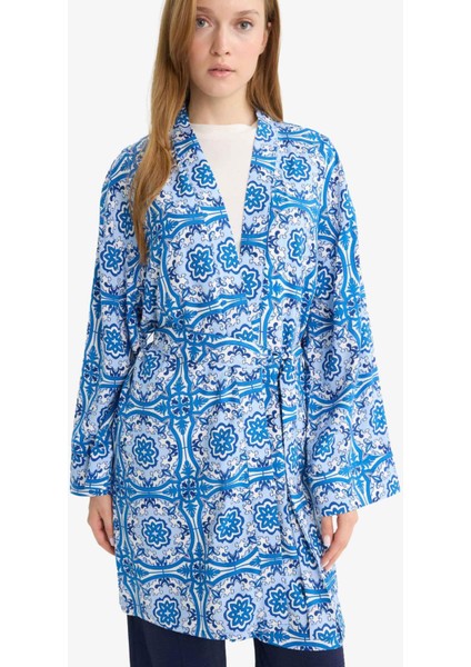 Relax Fit Bisiklet Yaka Desenli Viskon Kimono