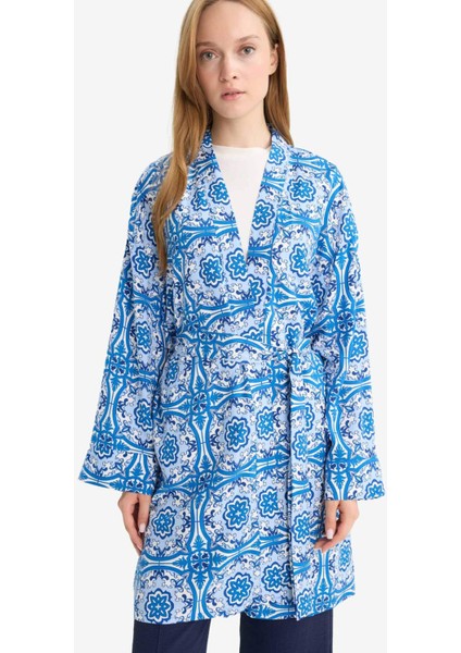 Relax Fit Bisiklet Yaka Desenli Viskon Kimono