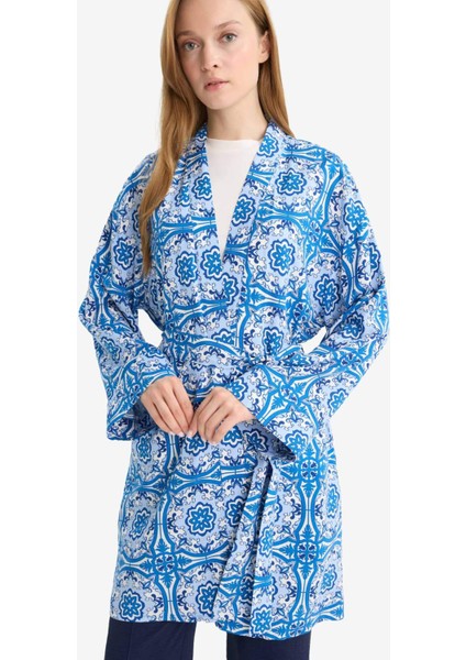 Relax Fit Bisiklet Yaka Desenli Viskon Kimono