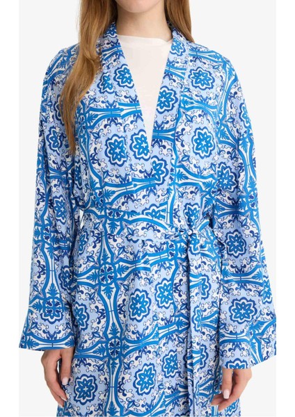 Relax Fit Bisiklet Yaka Desenli Viskon Kimono