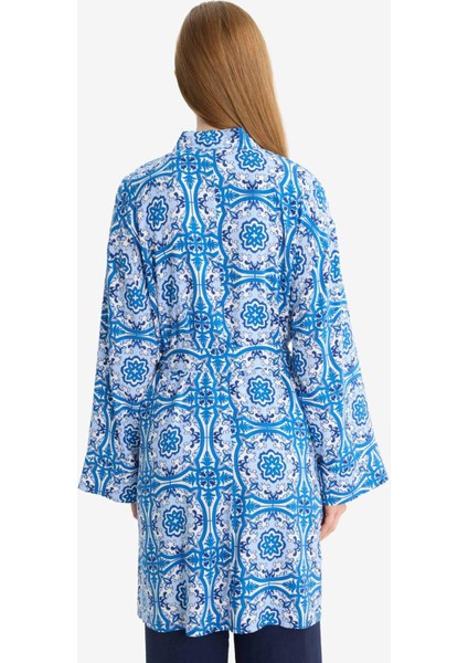 Relax Fit Bisiklet Yaka Desenli Viskon Kimono