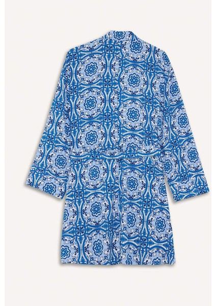 Relax Fit Bisiklet Yaka Desenli Viskon Kimono