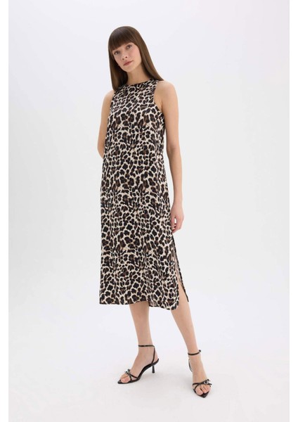 Leopar Desenli Yuvarlak Yaka Saten Kolsuz Midi Abiye Elbise
