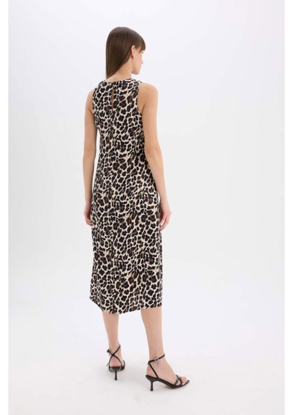 Leopar Desenli Yuvarlak Yaka Saten Kolsuz Midi Abiye Elbise