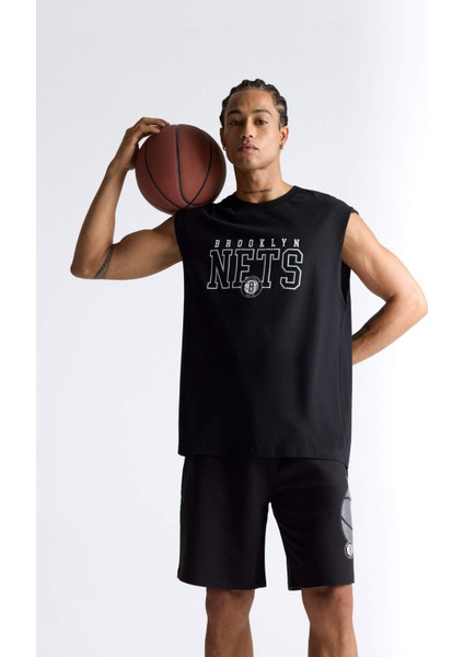 %100 Pamuk DeFactoFit NBA Brooklyn Nets Oversize Geniş Kalıp Bisiklet Yaka Atlet E7284AX25AU