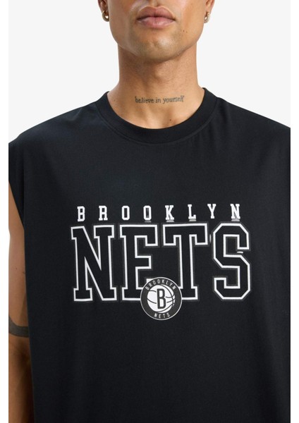 %100 Pamuk DeFactoFit NBA Brooklyn Nets Oversize Geniş Kalıp Bisiklet Yaka Atlet E7284AX25AU