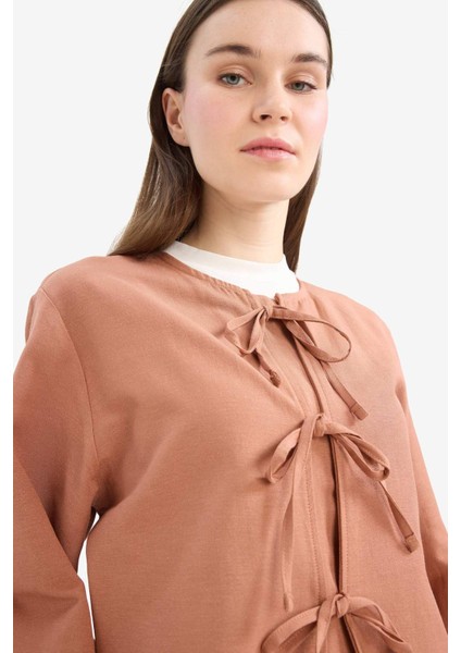 Relax Fit Önden Bağlamalı Keten Uzun Kollu Tesettür Bluz E5352AX25SP