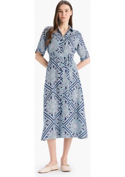 A Kesim Gömlek Yaka Desenli Bağcıklı Kısa Kollu Midi Elbise D4575AX25SP