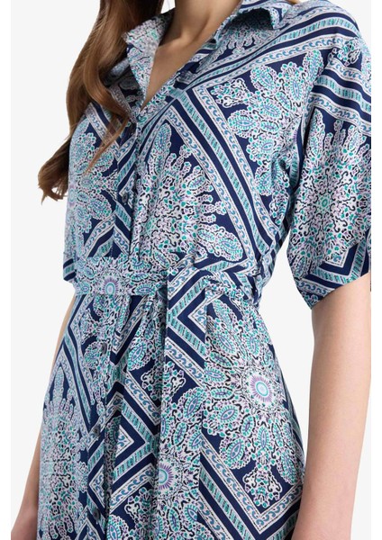 A Kesim Gömlek Yaka Desenli Bağcıklı Kısa Kollu Midi Elbise D4575AX25SP