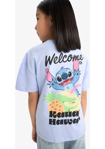 Kız Çocuk Disney Lilo & Stitch Bisiklet Yaka Sırt Baskılı Kısa Kollu Tişört E6508A825HS