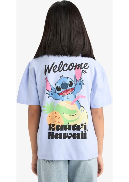 Kız Çocuk Disney Lilo & Stitch Bisiklet Yaka Sırt Baskılı Kısa Kollu Tişört E6508A825HS