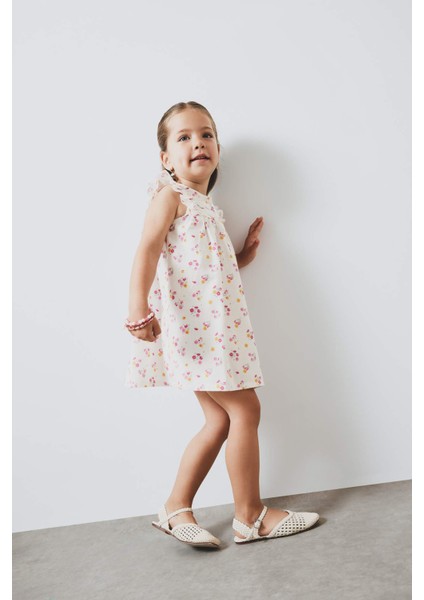 Kız Bebek Çiçekli Kısa Kollu Twill Yazlık Elbise E5811A525SM