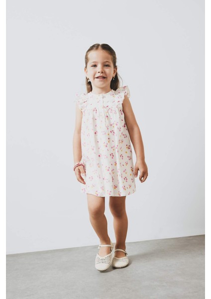 Kız Bebek Çiçekli Kısa Kollu Twill Yazlık Elbise E5811A525SM