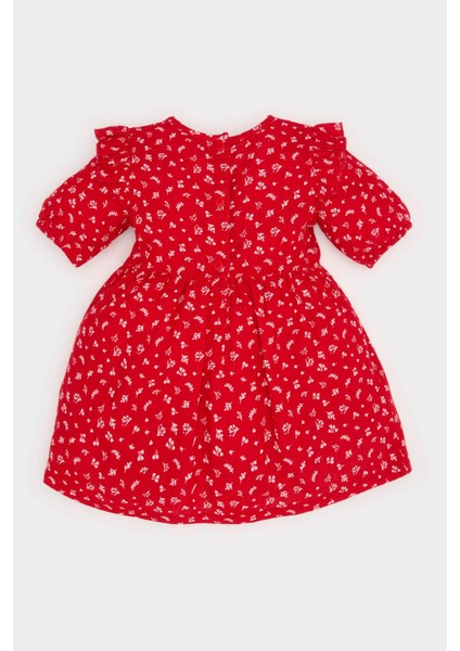 Kız Bebek Desenli Kısa Kollu Flamlı Poplin Elbise E5809A525SP