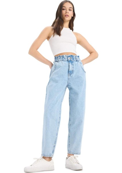 Paperbag Beli Lastikli Bilek Boy Jean Yıkamalı Pantolon E3184AX25SP