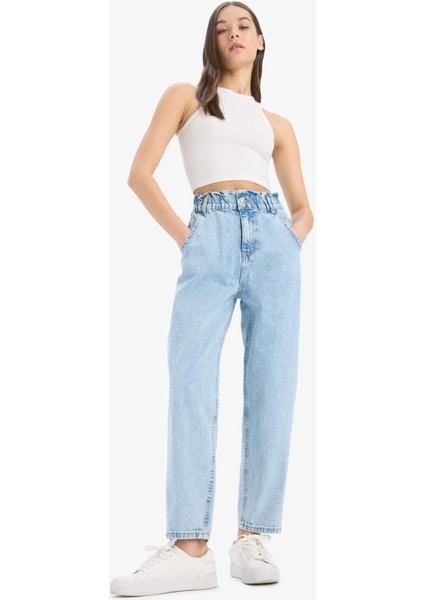 Paperbag Beli Lastikli Bilek Boy Jean Yıkamalı Pantolon E3184AX25SP
