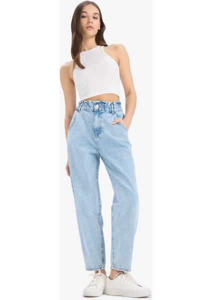 Paperbag Beli Lastikli Bilek Boy Jean Yıkamalı Pantolon E3184AX25SP