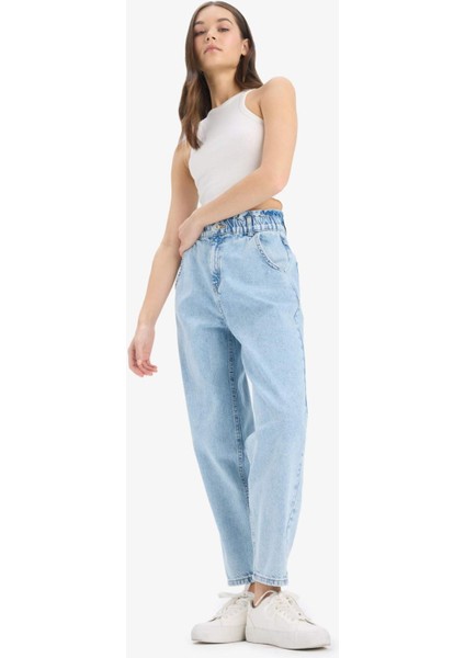 Paperbag Beli Lastikli Bilek Boy Jean Yıkamalı Pantolon E3184AX25SP