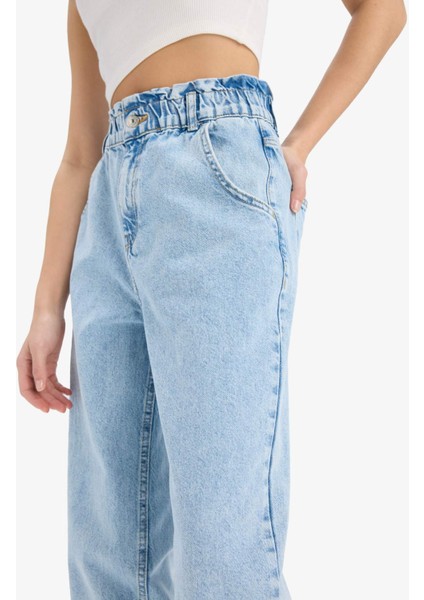 Paperbag Beli Lastikli Bilek Boy Jean Yıkamalı Pantolon E3184AX25SP