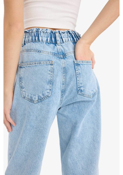 Paperbag Beli Lastikli Bilek Boy Jean Yıkamalı Pantolon E3184AX25SP