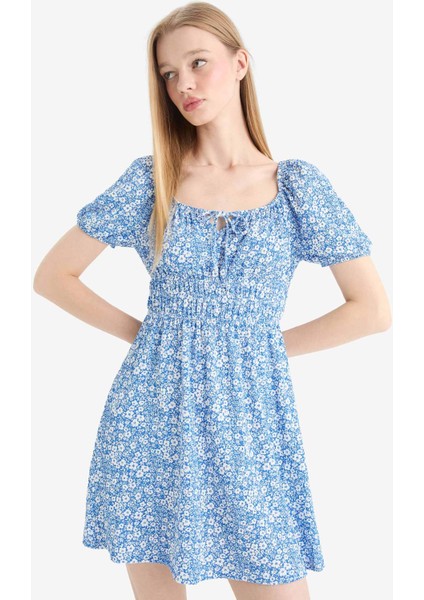 Coool Kare Yaka Çiçekli Bürümcük Kısa Kollu Mini Yazlık Elbise E0874AX25SM