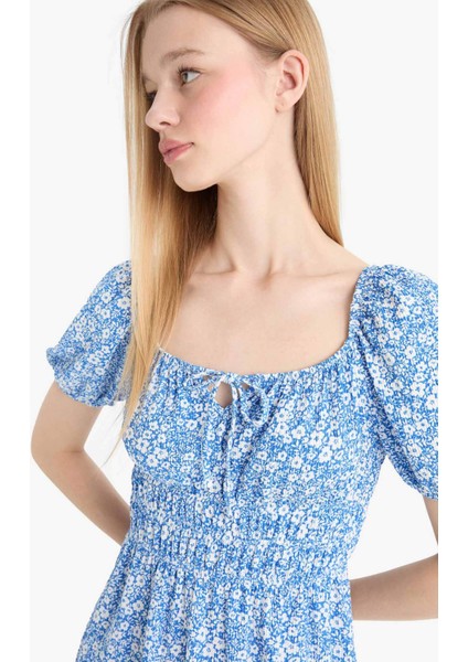 Coool Kare Yaka Çiçekli Bürümcük Kısa Kollu Mini Yazlık Elbise E0874AX25SM