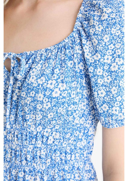 Coool Kare Yaka Çiçekli Bürümcük Kısa Kollu Mini Yazlık Elbise E0874AX25SM