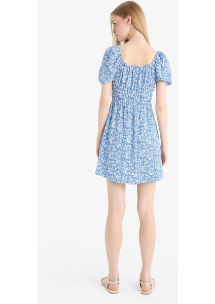 Coool Kare Yaka Çiçekli Bürümcük Kısa Kollu Mini Yazlık Elbise E0874AX25SM