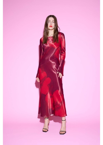 Bisiklet Yaka Batik Saten Uzun Kollu Maxi Abiye Elbise E7451AX25SP