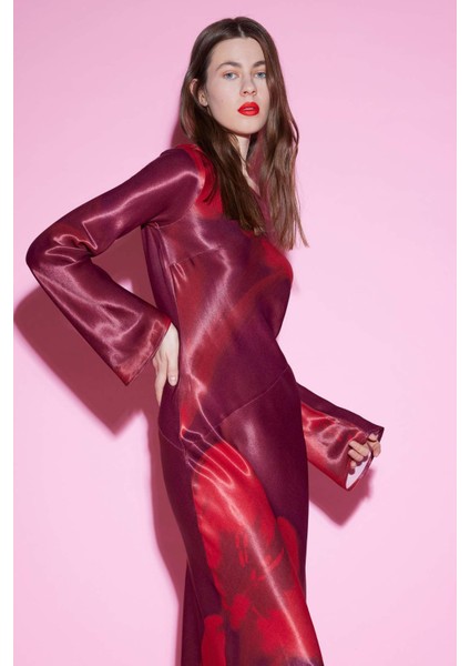 Bisiklet Yaka Batik Saten Uzun Kollu Maxi Abiye Elbise E7451AX25SP