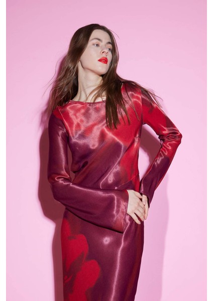 Bisiklet Yaka Batik Saten Uzun Kollu Maxi Abiye Elbise E7451AX25SP