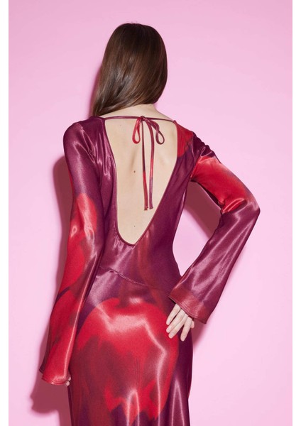 Bisiklet Yaka Batik Saten Uzun Kollu Maxi Abiye Elbise E7451AX25SP