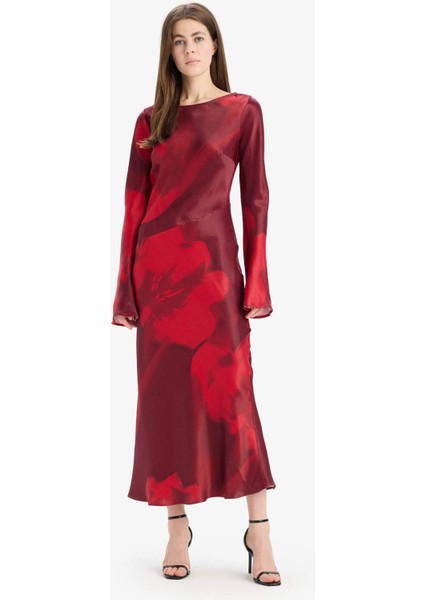 Bisiklet Yaka Batik Saten Uzun Kollu Maxi Abiye Elbise E7451AX25SP