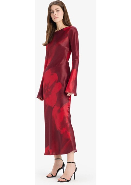 Bisiklet Yaka Batik Saten Uzun Kollu Maxi Abiye Elbise E7451AX25SP