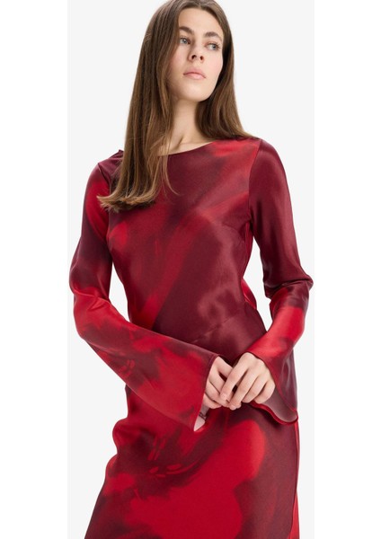 Bisiklet Yaka Batik Saten Uzun Kollu Maxi Abiye Elbise E7451AX25SP