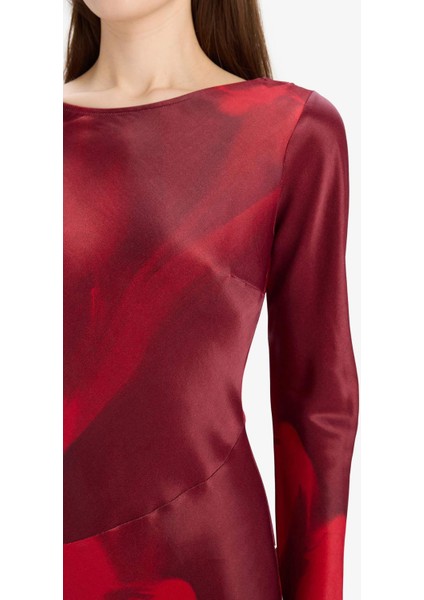 Bisiklet Yaka Batik Saten Uzun Kollu Maxi Abiye Elbise E7451AX25SP