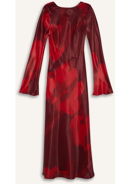 Bisiklet Yaka Batik Saten Uzun Kollu Maxi Abiye Elbise E7451AX25SP