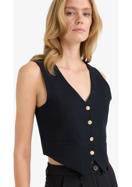 Crop V Yaka Keten Karışımlı Blazer Siyah Yelek C7798AX25SM