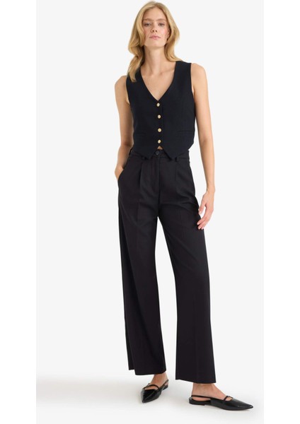 Crop V Yaka Keten Karışımlı Blazer Siyah Yelek C7798AX25SM