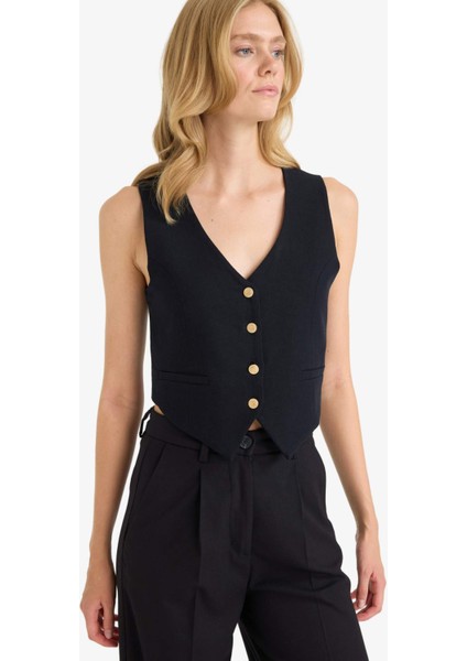 Crop V Yaka Keten Karışımlı Blazer Siyah Yelek C7798AX25SM