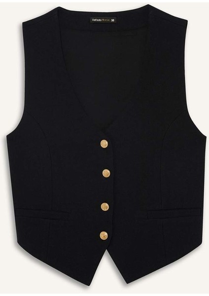 Crop V Yaka Keten Karışımlı Blazer Siyah Yelek C7798AX25SM