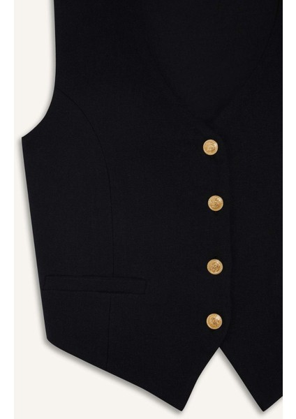 Crop V Yaka Keten Karışımlı Blazer Siyah Yelek C7798AX25SM