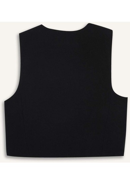 Crop V Yaka Keten Karışımlı Blazer Siyah Yelek C7798AX25SM