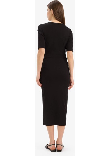 Bodycon Vücudu Saran Bisiklet Yaka Basic Düz Ribana Kısa Kollu Midi Elbise E6003AX25SP