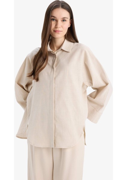 Relax Fit Keten Karışımlı Uzun Kollu Tesettür Gömlek Tunik B9835AX25SP