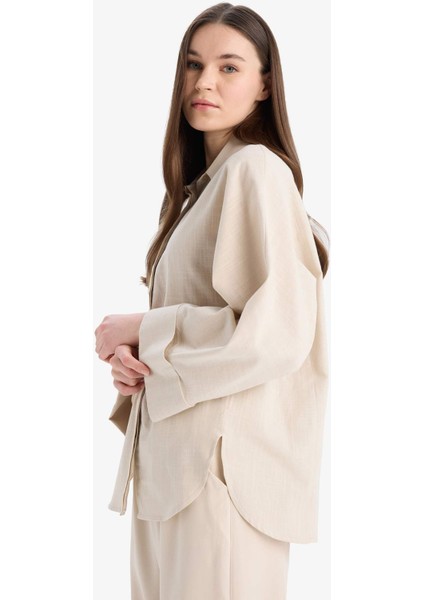 Relax Fit Keten Karışımlı Uzun Kollu Tesettür Gömlek Tunik B9835AX25SP