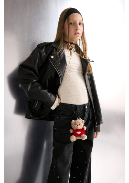 Kız Çocuk Su Geçirmez Fermuarlı Suni Deri Ceket Mont C4976A825AU